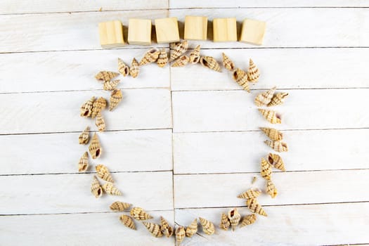 The shells are arranged in a circle, there is room inside for a message together with the wood cubes on which you can write the text.
