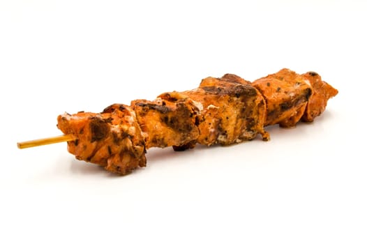 Grilled pork skewers isolated on white background, pork barbecue