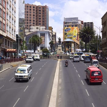 LA PAZ, BOLIVIA - NOVEMBER 28, 2014: Villazon Avenue leading onto the statue of Mariscal Sucre standing on Plaza del Estudiante (Student's Square) on November 28, 2014 in La Paz, Bolivia
