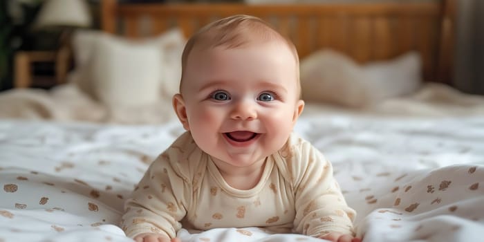 Baby, lying on a bed, smiles happily. Joyful expression.