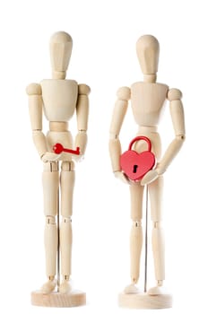 couple of dummy with heart padlock and key isolated on white background