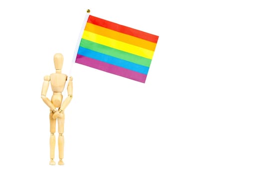 wood dummy holding lgbt flag isolated on white background