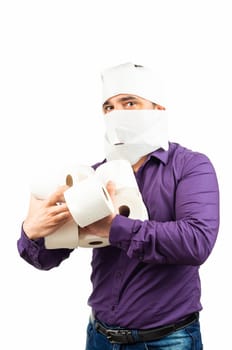 Man in shirt  with Toilet Paper  Isolated on the White Background