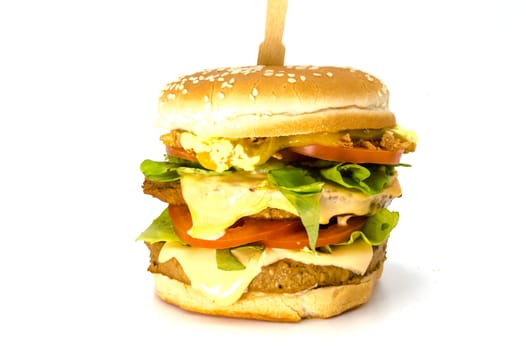 Double meat and cheese burger on white background