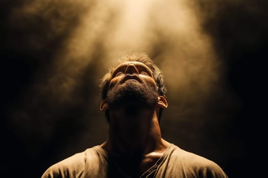 A man, head tilted upward, looks towards a light source. The soft light highlights his face, suggesting a moment of contemplation or prayer.