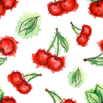 Seamless pattern of cherries painted in watercolor on white background. Hand drawn berriess. Colorful sketch