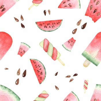 Seamless pattern of Watercolor set with watermelon slices, popsicles. Raster hand drawn elements