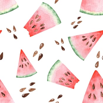 Bright watercolor seamless pattern with slices of watermelon. Hand drawing illustration