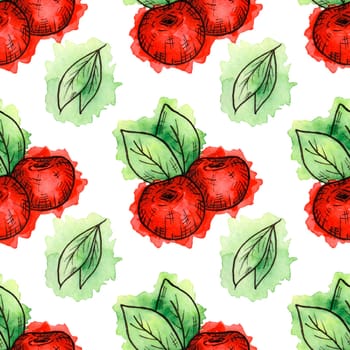 Seamless pattern of cherries painted in watercolor on white background. Hand drawn berriess. Colorful sketch
