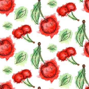 Seamless pattern of cherries painted in watercolor on white background. Hand drawn berriess. Colorful sketch