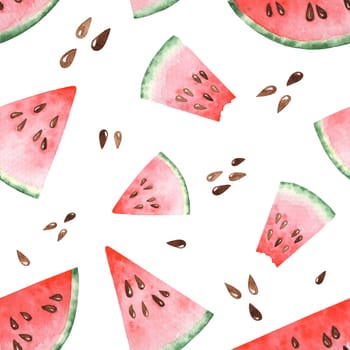 Bright watercolor seamless pattern with slices of watermelon. Hand drawing illustration