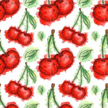 Seamless pattern of cherries painted in watercolor on white background. Hand drawn berriess. Colorful sketch