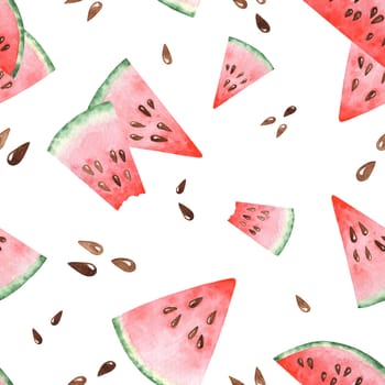 Bright watercolor seamless pattern with slices of watermelon. Hand drawing