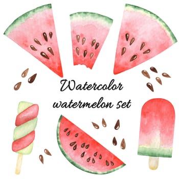 Watercolor set with watermelon slices, popsicles. Raster hand drawn elements isolated on white.