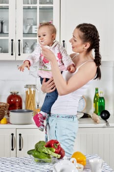 Young mother feeds little daughter  in the home kitchen. Happy family.