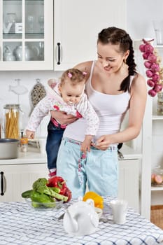 Young mother feeds little daughter  in the home kitchen. Happy family.