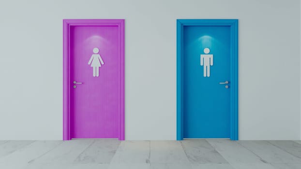 Pink and blue restroom wooden doors with white wall, spot light, white stone floor and sign for your project 3D rendering