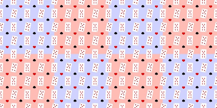 Seamless pattern with playing cards. Pink background. Alice in wonderland theme. Casino. Gambling