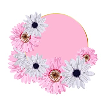 Vector round background for lettering. Pink pattern with flowers. Design for advertising or promotions, sales. Spring flowers. Vector illustration isolated on a white background.