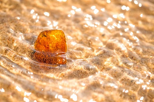 Amber on a beach of the Baltic Sea in the surf.