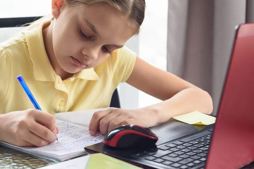 Closeup of a girl who writes notes in a notebook while studying remotely