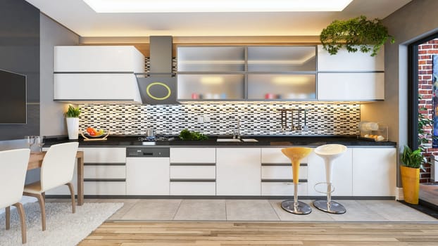 kitchen design white ceramic with fresh fruit and kitchen machines 3D rendering