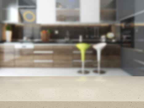 empty white stone desk with blurred kitchen background available in high-resolution 3d rendering needs of your project for montage product