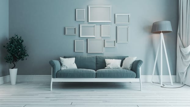 blue color living room interior design with blue seat and white border picture frame 3D rendering