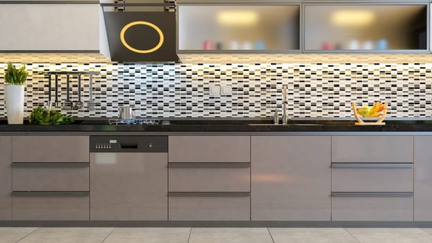 kitchen design black white ceramic with cappuccino furniture design 3D rendering