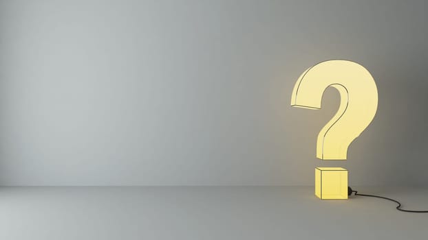 illuminated questions marks 3d render in the empty room with wall and under spot light
