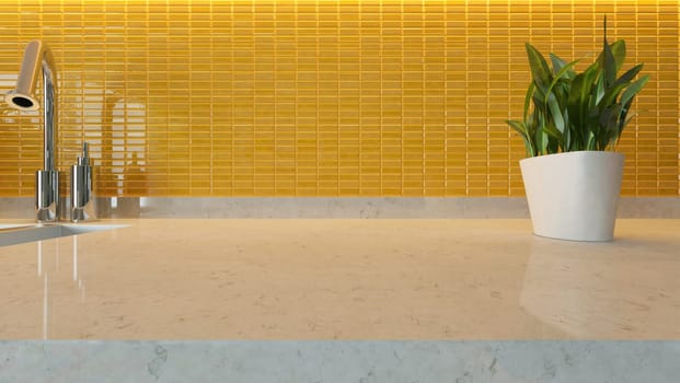 yellow ceramic modern kitchen design background with kitchen marble desk space for your design and montage product