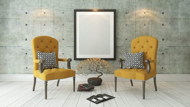 picture frames with double yellow bergere and concrete wall decor, background, template design