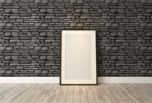 Blank picture frames with black natural brick wall and wooden parquet decor like loft style, background, template design by sedat seven