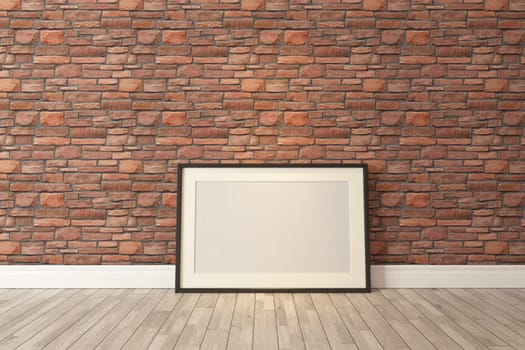 Blank picture frames with red natural brick wall and wooden parquet decor like loft style, background, template design