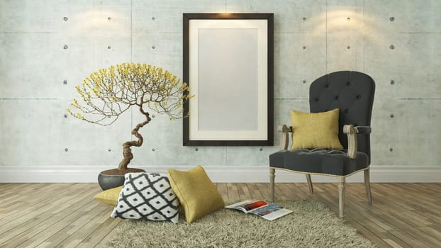 picture frames with gray bergere and yellow pillow decor, background, template design