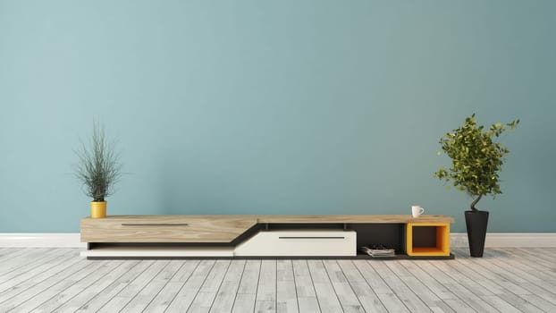 modern tv stand design with blue wall in the room decoration idea 3D rendering by Sedat SEVEN