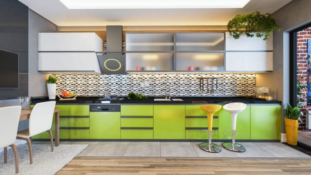 green color kitchen design black white ceramic with fresh fruit and kitchen machines 3D rendering