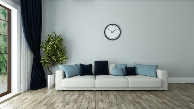 blue wall living room interior design with seat and watch 3d rendering by Sedat SEVEN