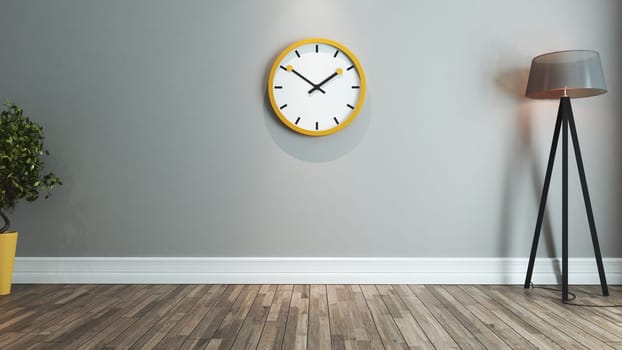 living room interior design with yellow and black seat and big yellow watch on wall 3D rendering