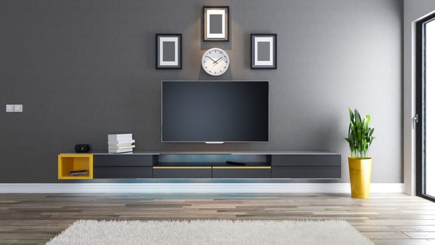 tv room, salon or living room with covered wallpaper wall plant and black tv stand design