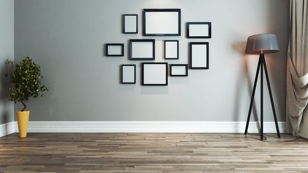 living room interior design with picture frame on wall 3D rendering