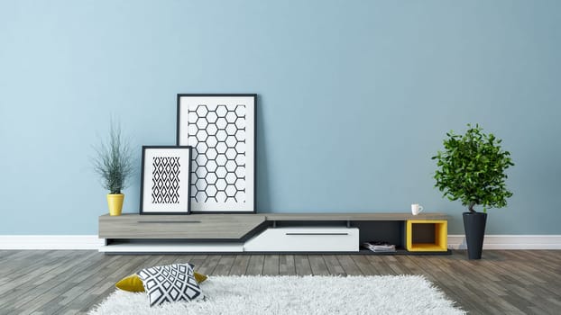 modern tv stand design with blue wall and photo frames in the room decoration idea 3d rendering by Sedat SEVEN