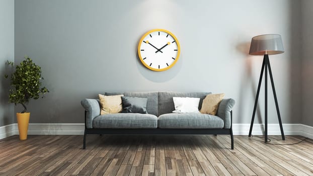 living room interior design with yellow and black seat and big yellow watch on wall 3D rendering