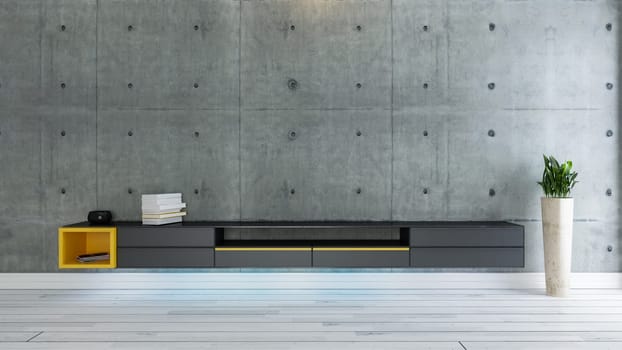 tv room, salon or living room with covered concrete wall plant and black tv stand design