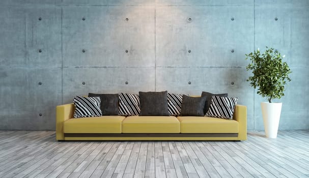 living room interior design with concrete wall 3d rendering