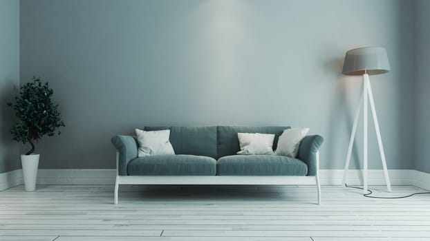 blue color living room interior design with blue seat and green plant 3D rendering