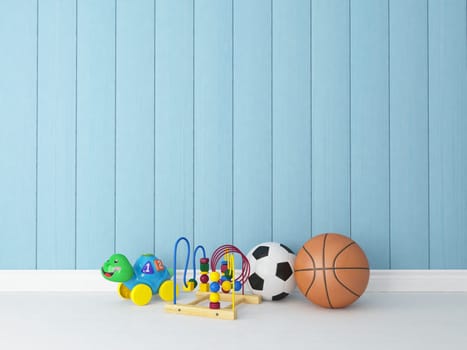 toys, balls in children's or kids room with painted blue wooden rendering background for your design