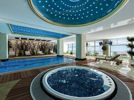 indoor swimming pool, jacuzzi and wooden deck relax design idea