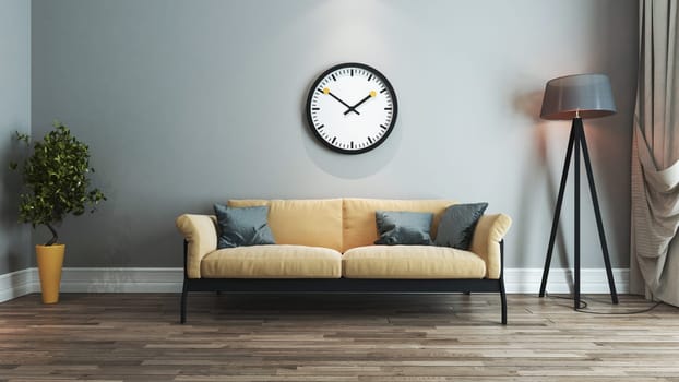 living room interior design with yellow and black seat and watch on wall 3D rendering