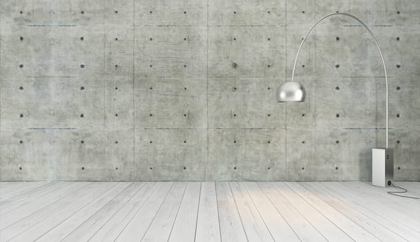 concrete wall and white wooden parquet decor like loft style with floor light, background, template design rendering